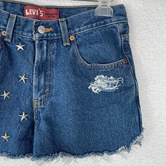 Levis 550 Relaxed Fit Star Studded Distressed Denim Shorts Blue Womens 29 - Picture 3 of 8